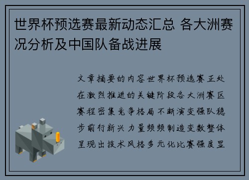 世界杯预选赛最新动态汇总 各大洲赛况分析及中国队备战进展