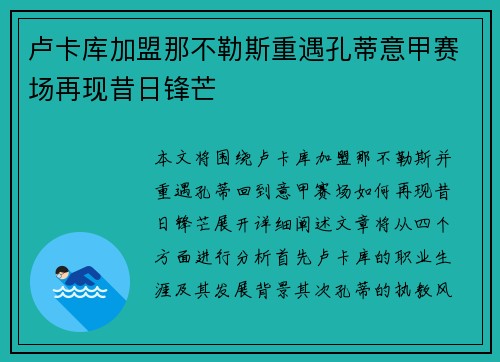 卢卡库加盟那不勒斯重遇孔蒂意甲赛场再现昔日锋芒